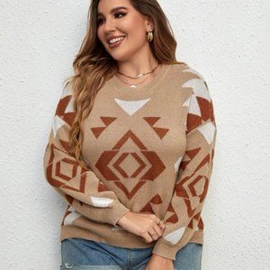 Geo Aztec Pattern Drop Shoulder Sweater 2XL